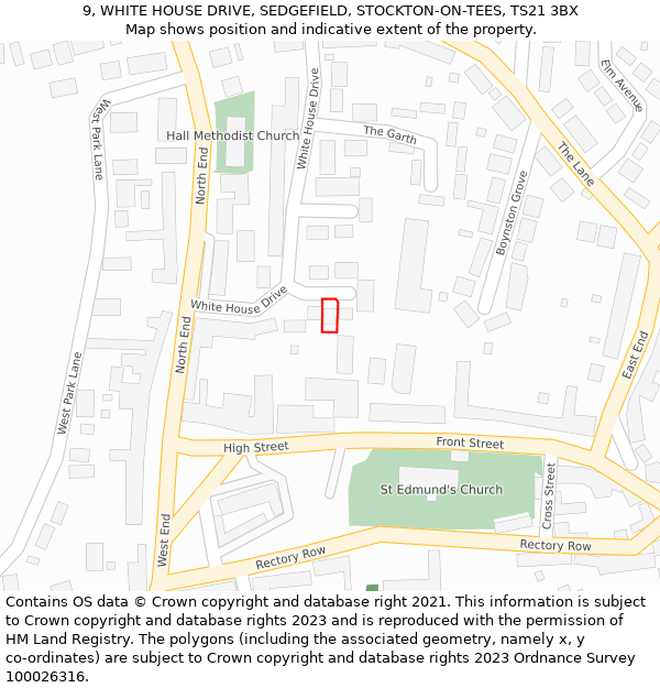 9, WHITE HOUSE DRIVE, SEDGEFIELD, STOCKTON-ON-TEES, TS21 3BX: Location map and indicative extent of plot