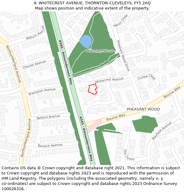 9, WHITECREST AVENUE, THORNTON-CLEVELEYS, FY5 2AQ: Location map and indicative extent of plot