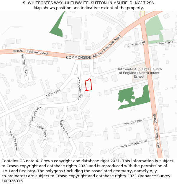 9, WHITEGATES WAY, HUTHWAITE, SUTTON-IN-ASHFIELD, NG17 2SA: Location map and indicative extent of plot