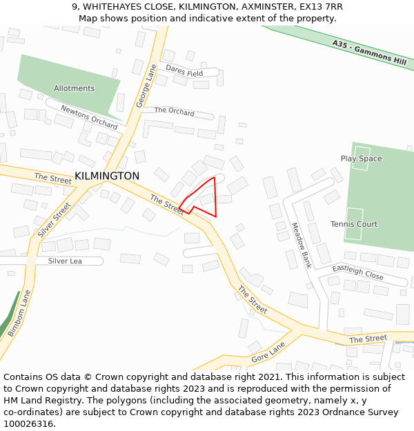 9, WHITEHAYES CLOSE, KILMINGTON, AXMINSTER, EX13 7RR: Location map and indicative extent of plot