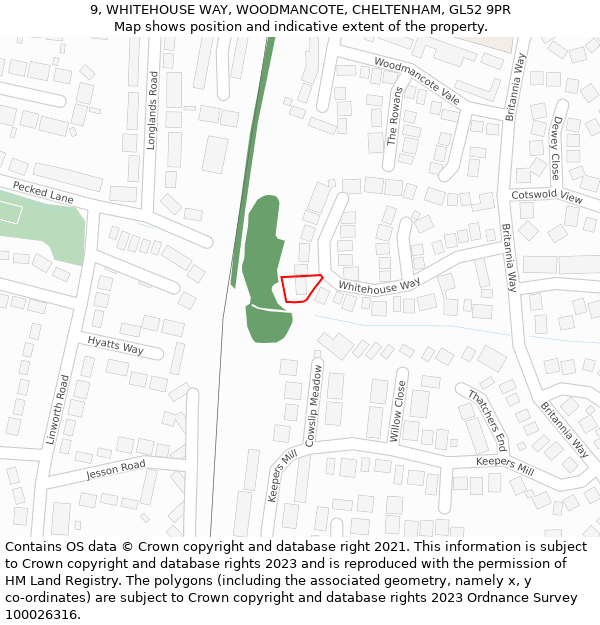 9, WHITEHOUSE WAY, WOODMANCOTE, CHELTENHAM, GL52 9PR: Location map and indicative extent of plot