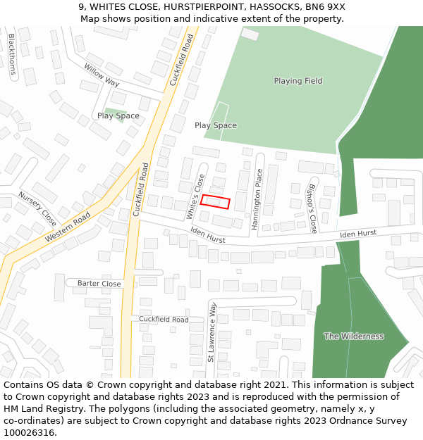 9, WHITES CLOSE, HURSTPIERPOINT, HASSOCKS, BN6 9XX: Location map and indicative extent of plot