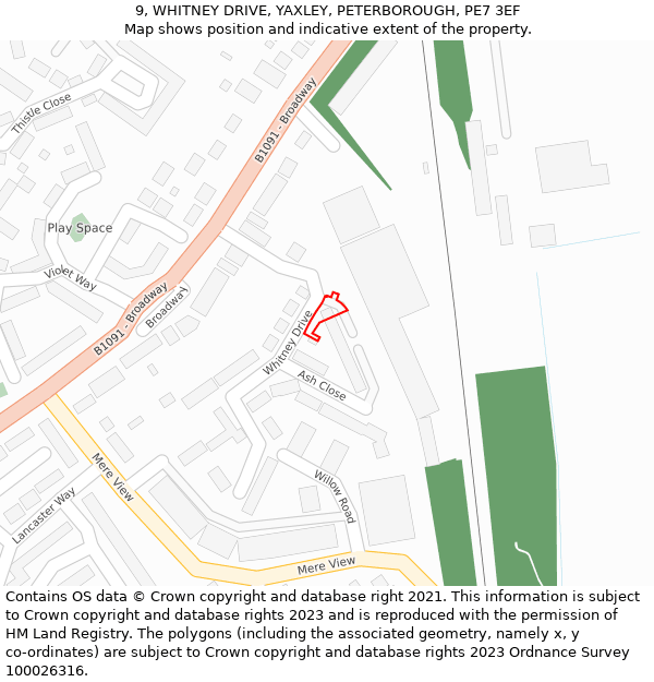 9, WHITNEY DRIVE, YAXLEY, PETERBOROUGH, PE7 3EF: Location map and indicative extent of plot