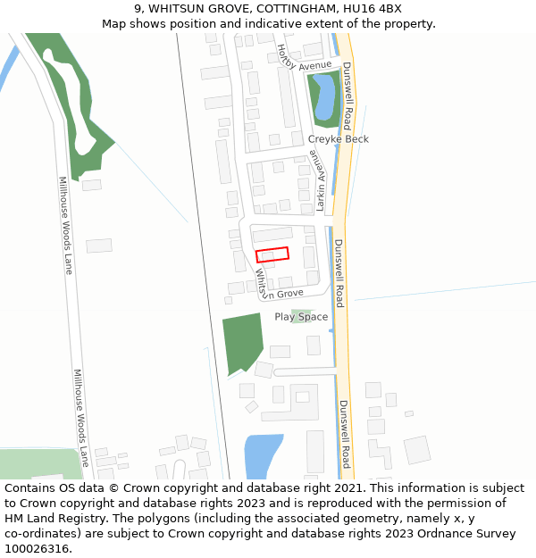 9, WHITSUN GROVE, COTTINGHAM, HU16 4BX: Location map and indicative extent of plot