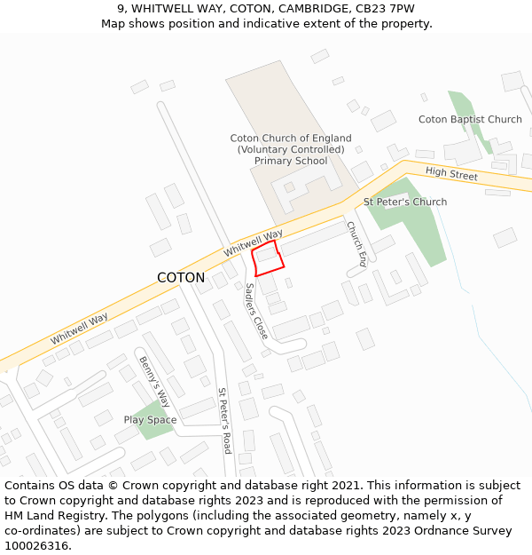 9, WHITWELL WAY, COTON, CAMBRIDGE, CB23 7PW: Location map and indicative extent of plot