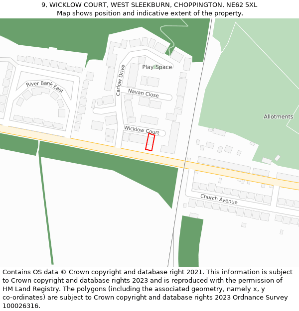 9, WICKLOW COURT, WEST SLEEKBURN, CHOPPINGTON, NE62 5XL: Location map and indicative extent of plot