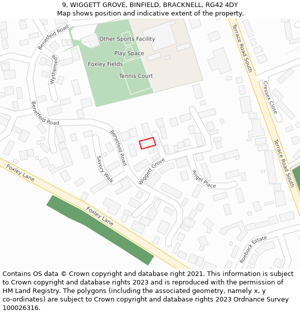 9, WIGGETT GROVE, BINFIELD, BRACKNELL, RG42 4DY: Location map and indicative extent of plot