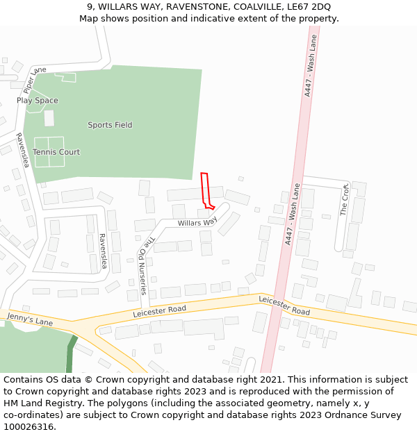 9, WILLARS WAY, RAVENSTONE, COALVILLE, LE67 2DQ: Location map and indicative extent of plot