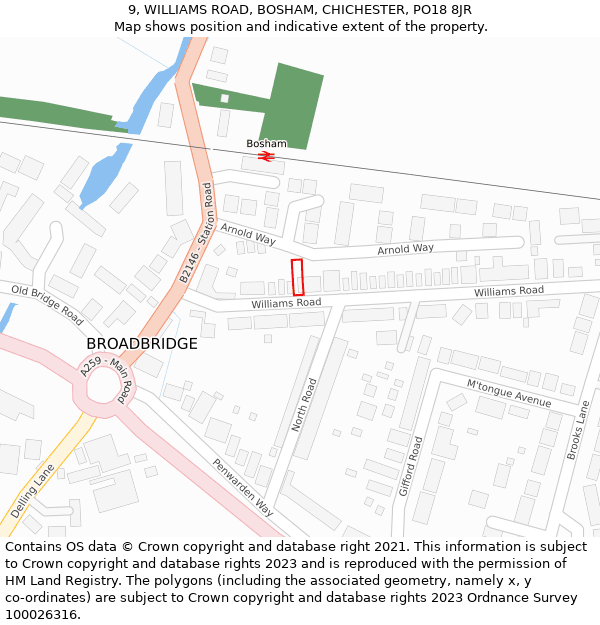 9, WILLIAMS ROAD, BOSHAM, CHICHESTER, PO18 8JR: Location map and indicative extent of plot