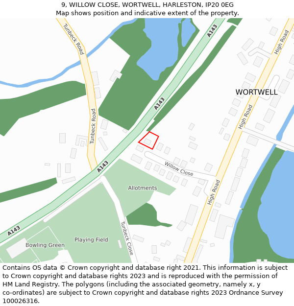 9, WILLOW CLOSE, WORTWELL, HARLESTON, IP20 0EG: Location map and indicative extent of plot