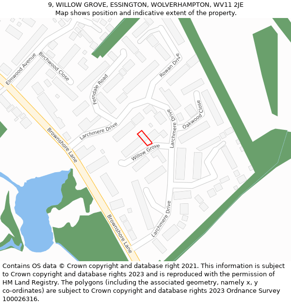 9, WILLOW GROVE, ESSINGTON, WOLVERHAMPTON, WV11 2JE: Location map and indicative extent of plot