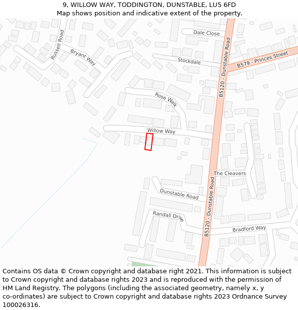 9, WILLOW WAY, TODDINGTON, DUNSTABLE, LU5 6FD: Location map and indicative extent of plot