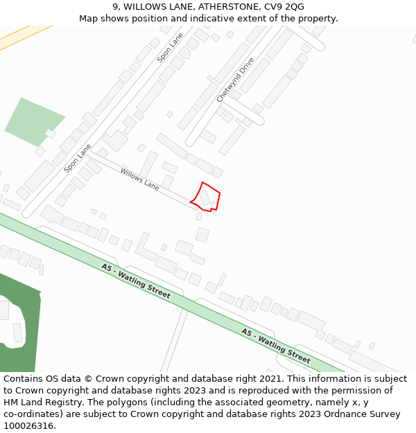 9, WILLOWS LANE, ATHERSTONE, CV9 2QG: Location map and indicative extent of plot