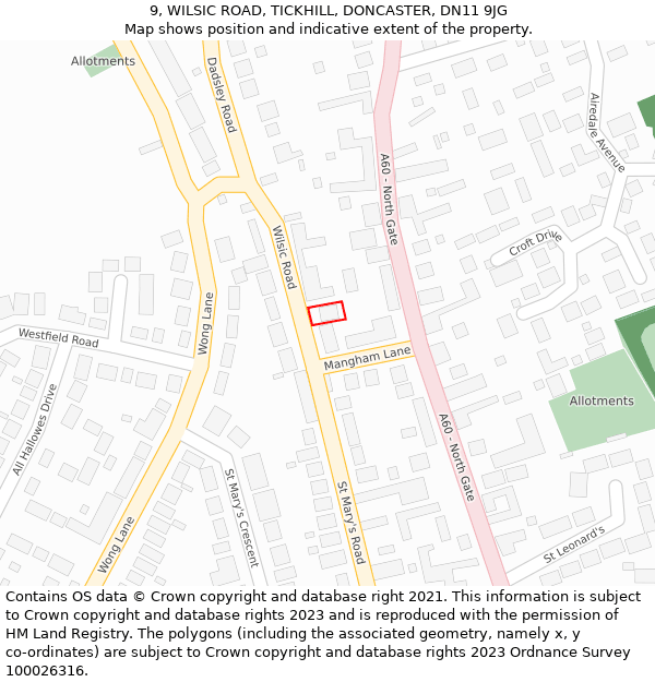 9, WILSIC ROAD, TICKHILL, DONCASTER, DN11 9JG: Location map and indicative extent of plot