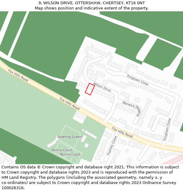 9, WILSON DRIVE, OTTERSHAW, CHERTSEY, KT16 0NT: Location map and indicative extent of plot