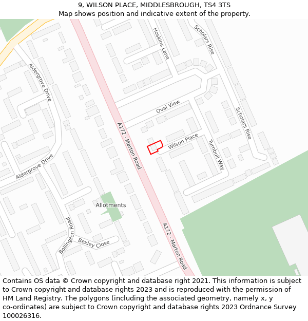 9, WILSON PLACE, MIDDLESBROUGH, TS4 3TS: Location map and indicative extent of plot