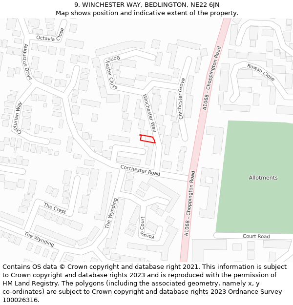 9, WINCHESTER WAY, BEDLINGTON, NE22 6JN: Location map and indicative extent of plot