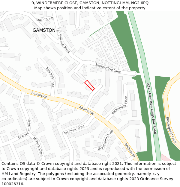 9, WINDERMERE CLOSE, GAMSTON, NOTTINGHAM, NG2 6PQ: Location map and indicative extent of plot