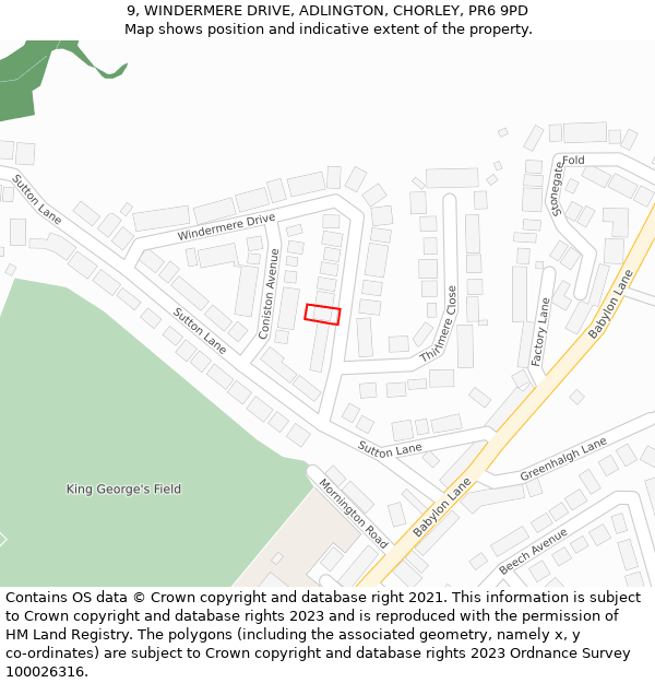 9, WINDERMERE DRIVE, ADLINGTON, CHORLEY, PR6 9PD: Location map and indicative extent of plot