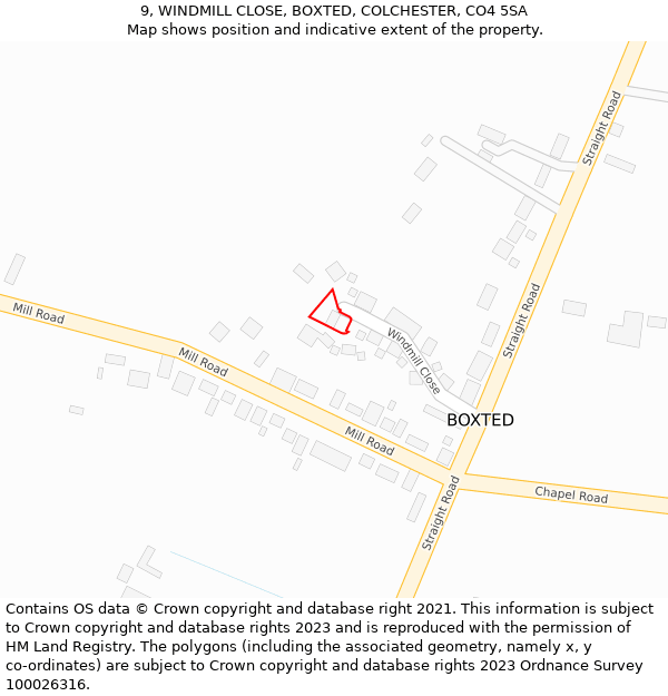 9, WINDMILL CLOSE, BOXTED, COLCHESTER, CO4 5SA: Location map and indicative extent of plot