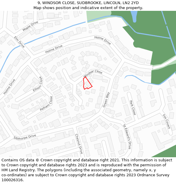 9, WINDSOR CLOSE, SUDBROOKE, LINCOLN, LN2 2YD: Location map and indicative extent of plot