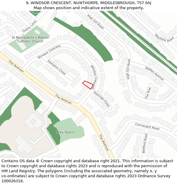 9, WINDSOR CRESCENT, NUNTHORPE, MIDDLESBROUGH, TS7 0AJ: Location map and indicative extent of plot