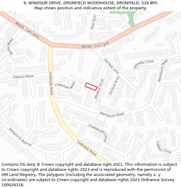 9, WINDSOR DRIVE, DRONFIELD WOODHOUSE, DRONFIELD, S18 8PA: Location map and indicative extent of plot