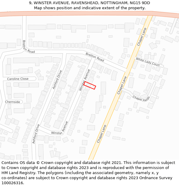 9, WINSTER AVENUE, RAVENSHEAD, NOTTINGHAM, NG15 9DD: Location map and indicative extent of plot