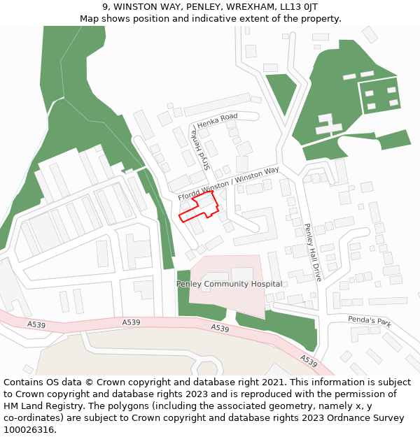 9, WINSTON WAY, PENLEY, WREXHAM, LL13 0JT: Location map and indicative extent of plot