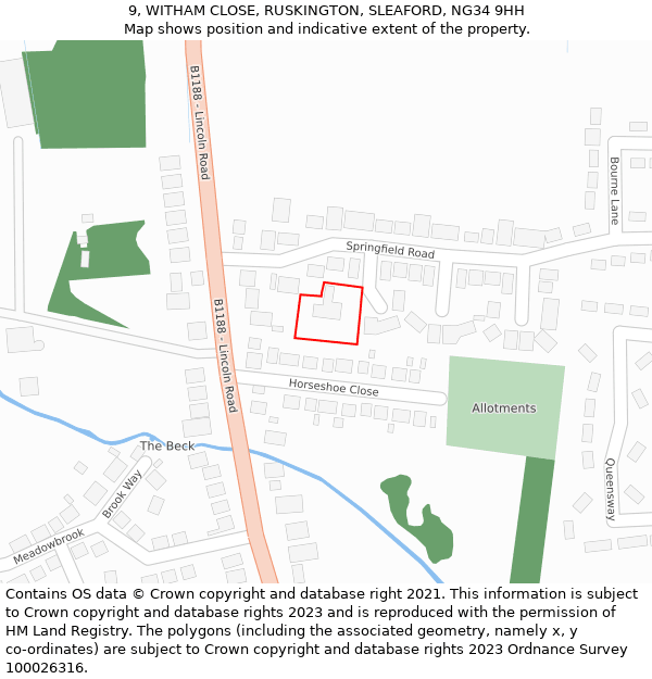 9, WITHAM CLOSE, RUSKINGTON, SLEAFORD, NG34 9HH: Location map and indicative extent of plot