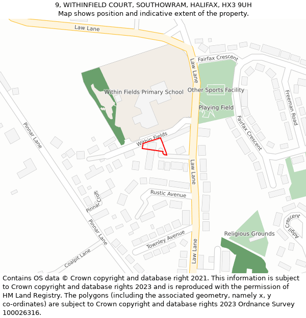 9, WITHINFIELD COURT, SOUTHOWRAM, HALIFAX, HX3 9UH: Location map and indicative extent of plot