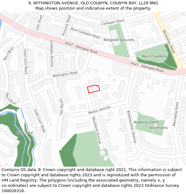 9, WITHINGTON AVENUE, OLD COLWYN, COLWYN BAY, LL29 9NG: Location map and indicative extent of plot