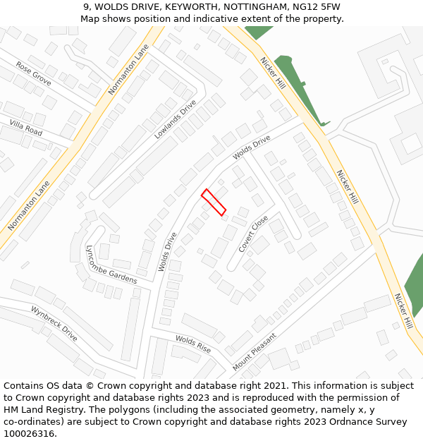 9, WOLDS DRIVE, KEYWORTH, NOTTINGHAM, NG12 5FW: Location map and indicative extent of plot