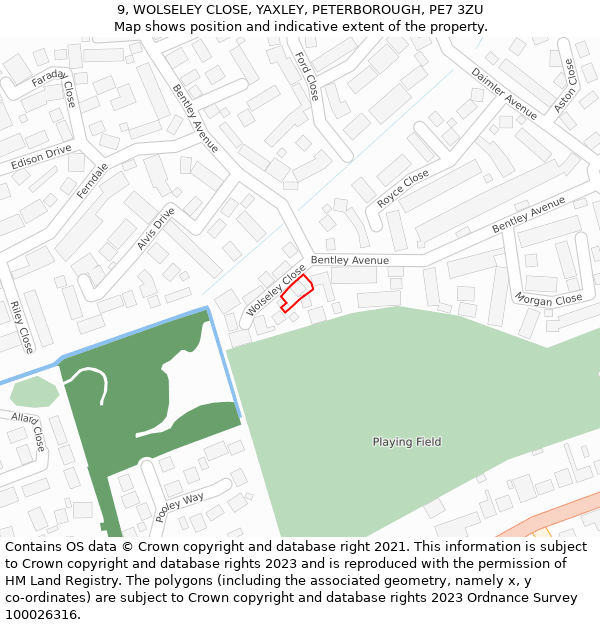 9, WOLSELEY CLOSE, YAXLEY, PETERBOROUGH, PE7 3ZU: Location map and indicative extent of plot