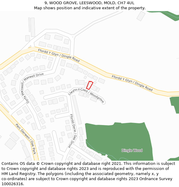 9, WOOD GROVE, LEESWOOD, MOLD, CH7 4UL: Location map and indicative extent of plot