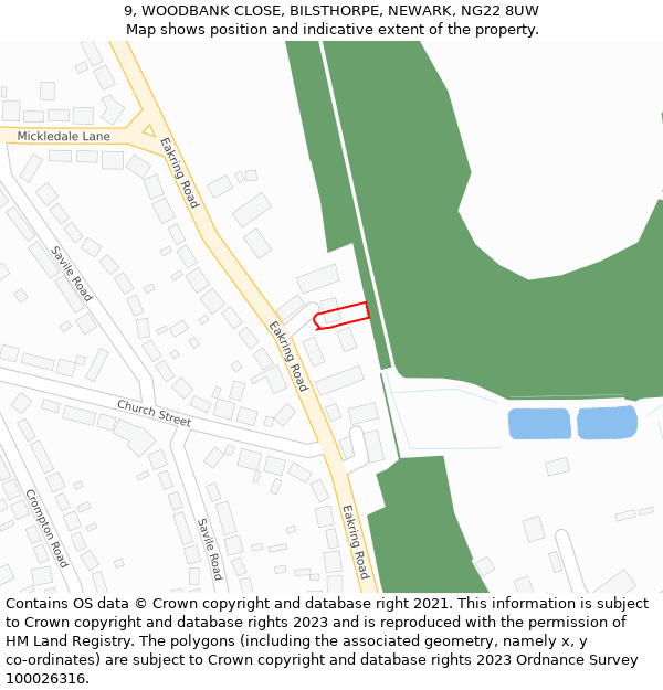 9, WOODBANK CLOSE, BILSTHORPE, NEWARK, NG22 8UW: Location map and indicative extent of plot