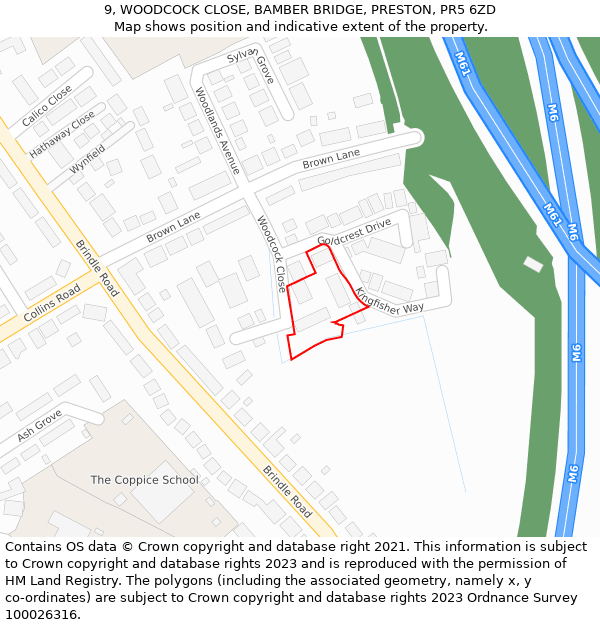 9, WOODCOCK CLOSE, BAMBER BRIDGE, PRESTON, PR5 6ZD: Location map and indicative extent of plot