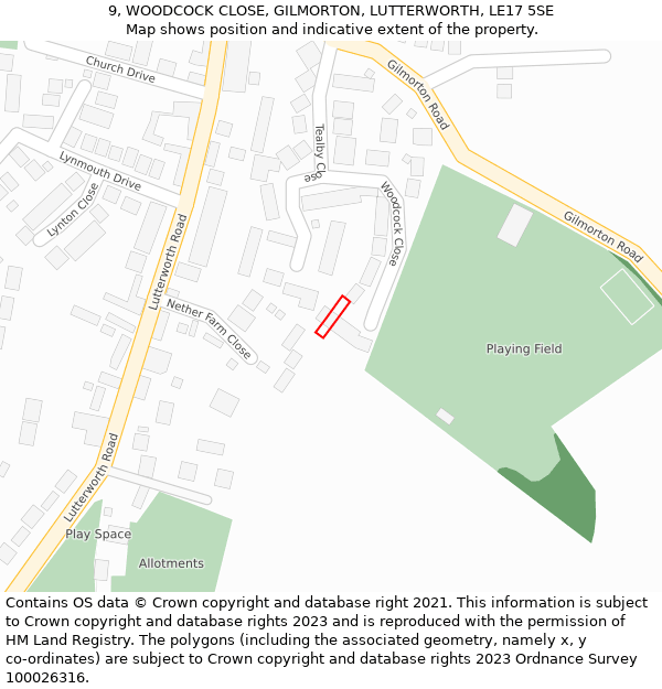 9, WOODCOCK CLOSE, GILMORTON, LUTTERWORTH, LE17 5SE: Location map and indicative extent of plot