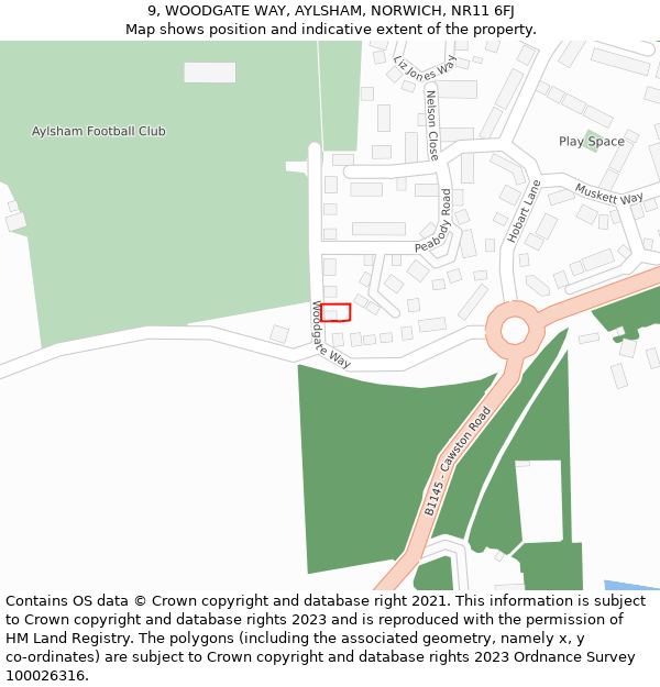 9, WOODGATE WAY, AYLSHAM, NORWICH, NR11 6FJ: Location map and indicative extent of plot