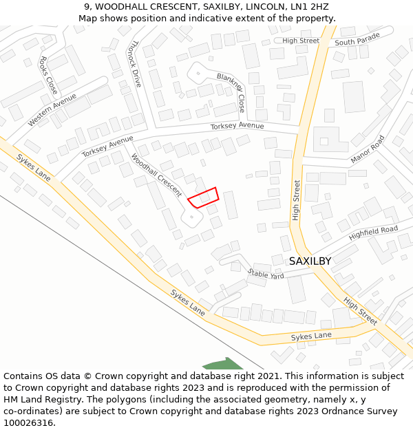 9, WOODHALL CRESCENT, SAXILBY, LINCOLN, LN1 2HZ: Location map and indicative extent of plot