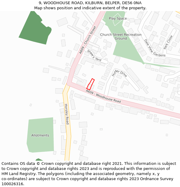 9, WOODHOUSE ROAD, KILBURN, BELPER, DE56 0NA: Location map and indicative extent of plot