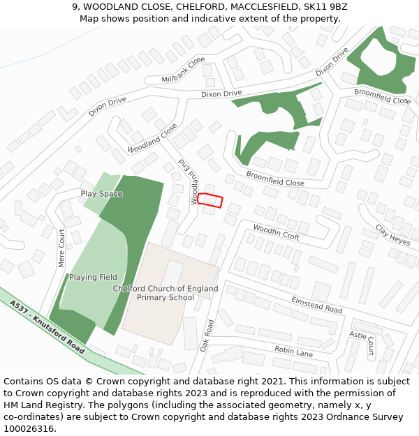 9, WOODLAND CLOSE, CHELFORD, MACCLESFIELD, SK11 9BZ: Location map and indicative extent of plot