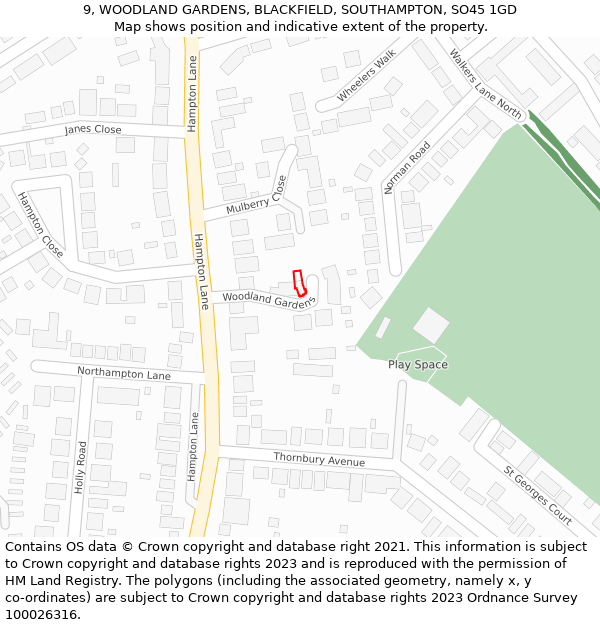 9, WOODLAND GARDENS, BLACKFIELD, SOUTHAMPTON, SO45 1GD: Location map and indicative extent of plot