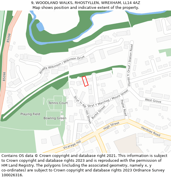 9, WOODLAND WALKS, RHOSTYLLEN, WREXHAM, LL14 4AZ: Location map and indicative extent of plot