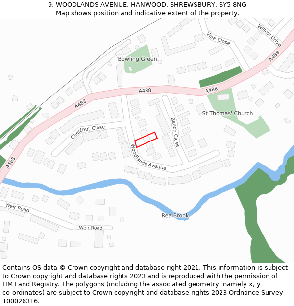 9, WOODLANDS AVENUE, HANWOOD, SHREWSBURY, SY5 8NG: Location map and indicative extent of plot