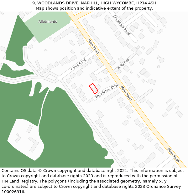 9, WOODLANDS DRIVE, NAPHILL, HIGH WYCOMBE, HP14 4SH: Location map and indicative extent of plot