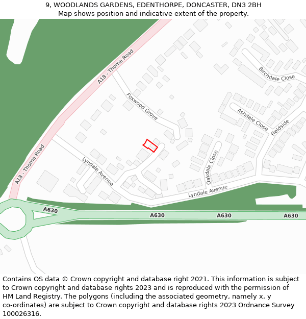 9, WOODLANDS GARDENS, EDENTHORPE, DONCASTER, DN3 2BH: Location map and indicative extent of plot