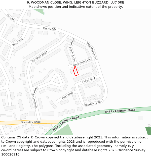 9, WOODMAN CLOSE, WING, LEIGHTON BUZZARD, LU7 0RE: Location map and indicative extent of plot