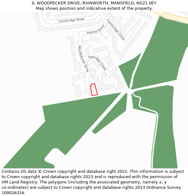 9, WOODPECKER DRIVE, RAINWORTH, MANSFIELD, NG21 0EY: Location map and indicative extent of plot