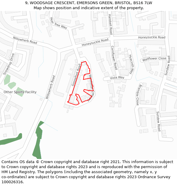 9, WOODSAGE CRESCENT, EMERSONS GREEN, BRISTOL, BS16 7LW: Location map and indicative extent of plot